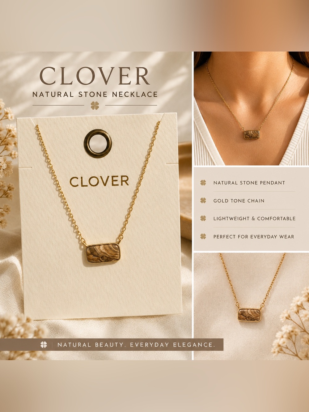 Clover Natural Stone Pendant Necklace - Beige Brown